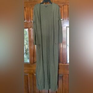 Express Olive Knit Maxi Lightweight Cardigan Sweater with Pink Accents